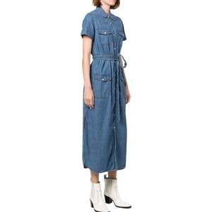 Boyish Marcel Western Shirt Dress XS Denim Midi Blue Jean Snap Button Tie Belt